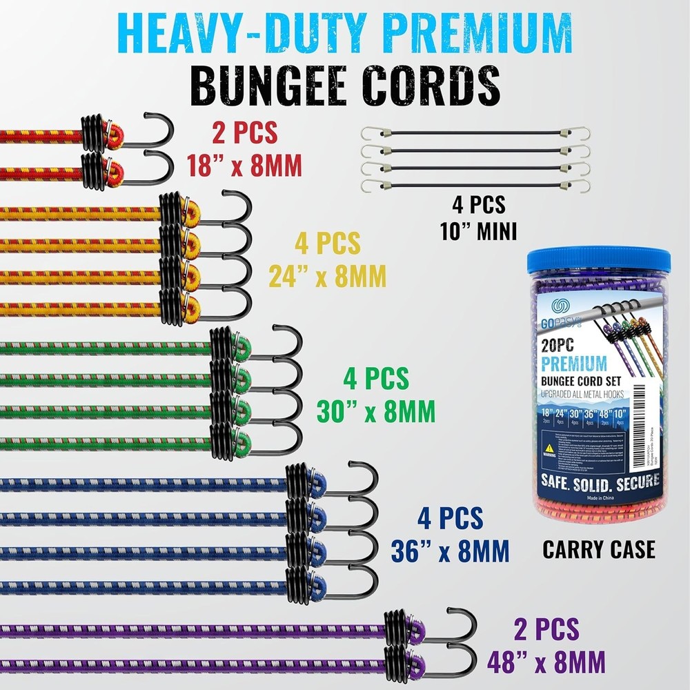 Heavy Duty Bungee Cords Set - 20 Pcs Assorted Sizes