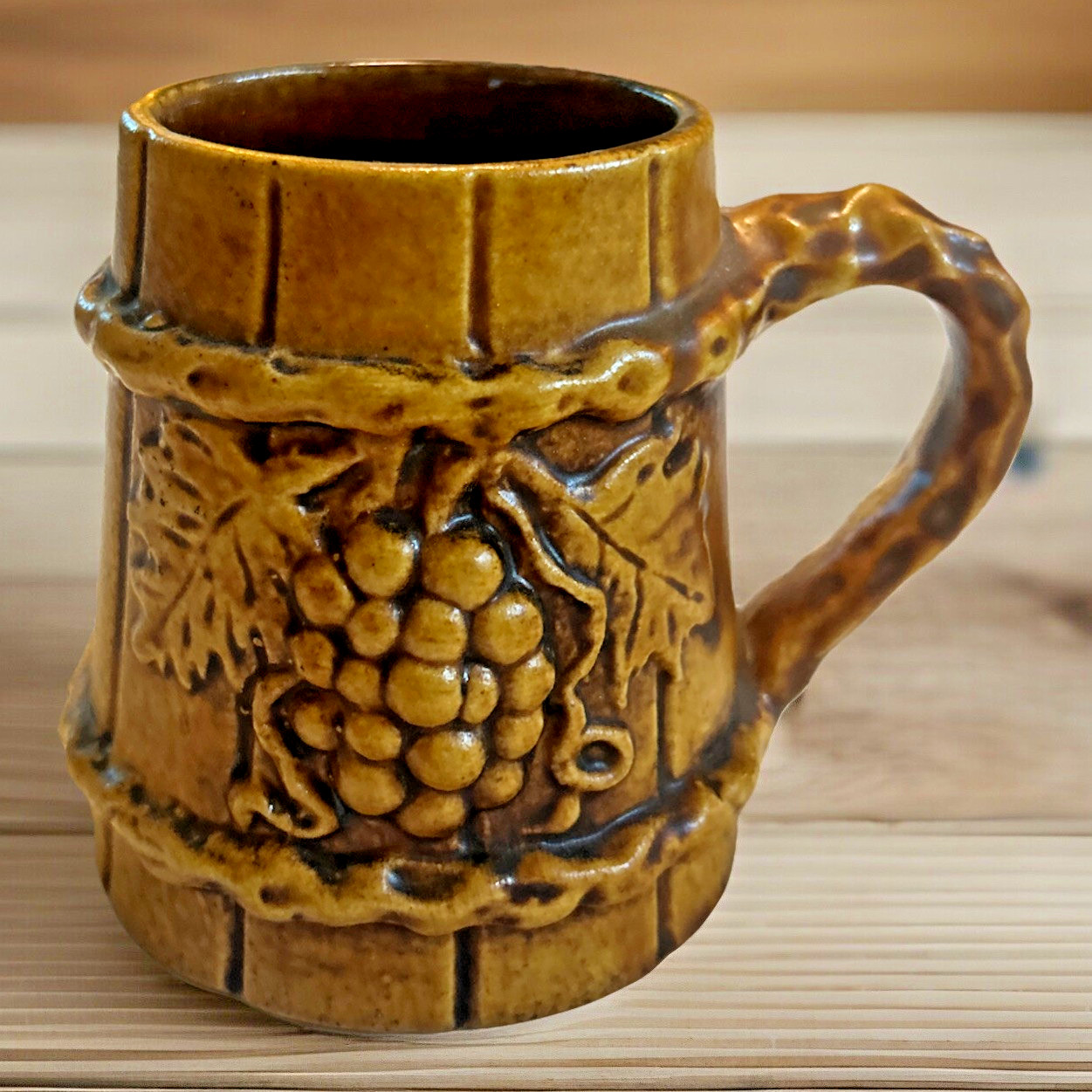 Wine Mug ~ German ~ Ceramic ~ Grape and "Wood" Design ~ Vintage ~ Sturdy!