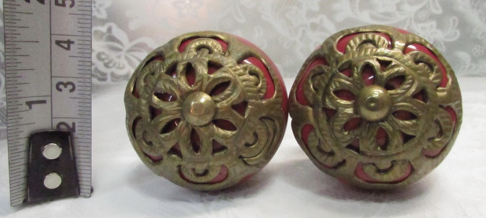 Set of 2 Large RED Round CERAMIC KNOBS with Brass Flower Decorative Drawer Pulls
