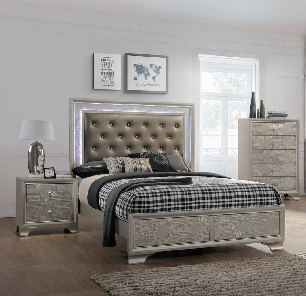 Modern 3pc Queen Size Upholstered LED Backlit HB Panel Bed Chest Nightstand Set