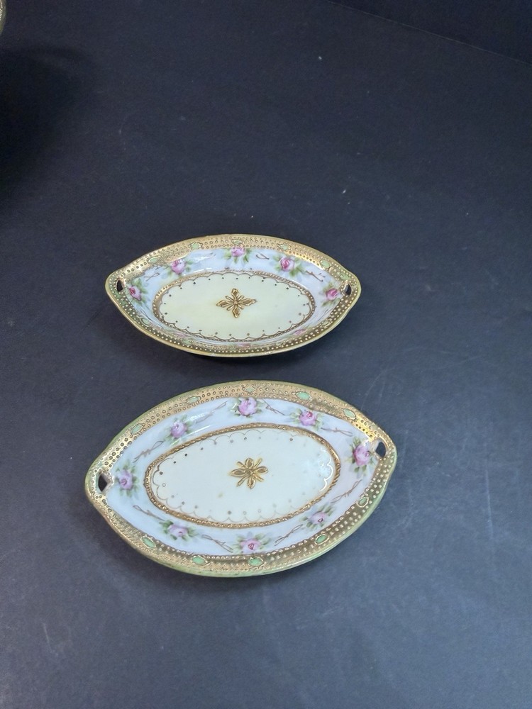 Antique Hand Painted Nippon Celery dish, open Salt Cellars Morimura