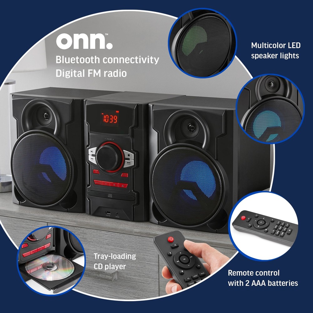 onn. 100W CD Stereo with USB & Bluetooth Connectivity