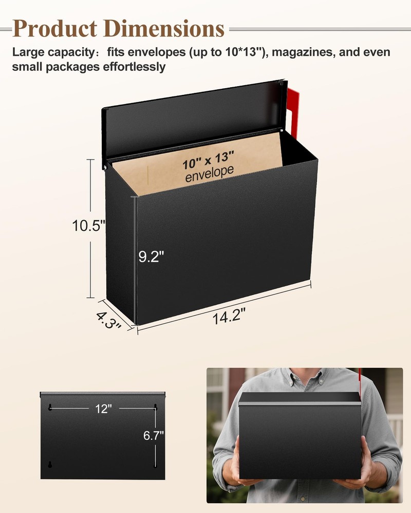 VERSASKY Wall-Mount Mailbox for Outside, Large Capacity Rust-Proof Mail Black