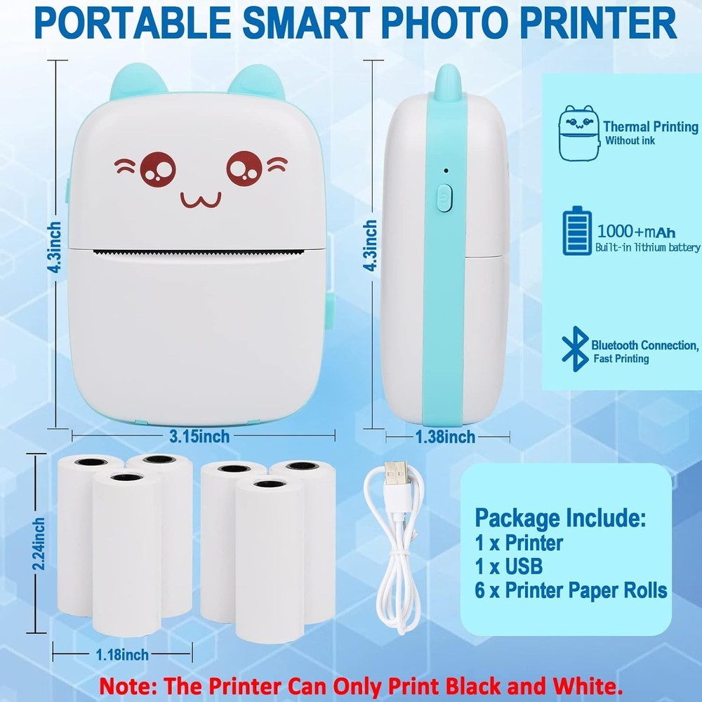 Portable Printer, Mini Pocket Wireless Bluetooth Thermal Printers with 6 Blue