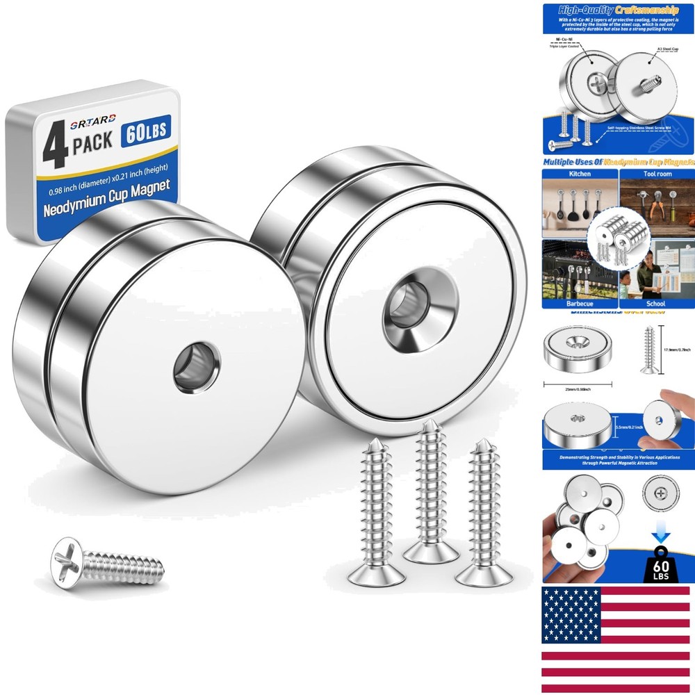 Durable 4 Pack Neodymium Cup Magnets - 60LBS Pull Force for Home & Garage