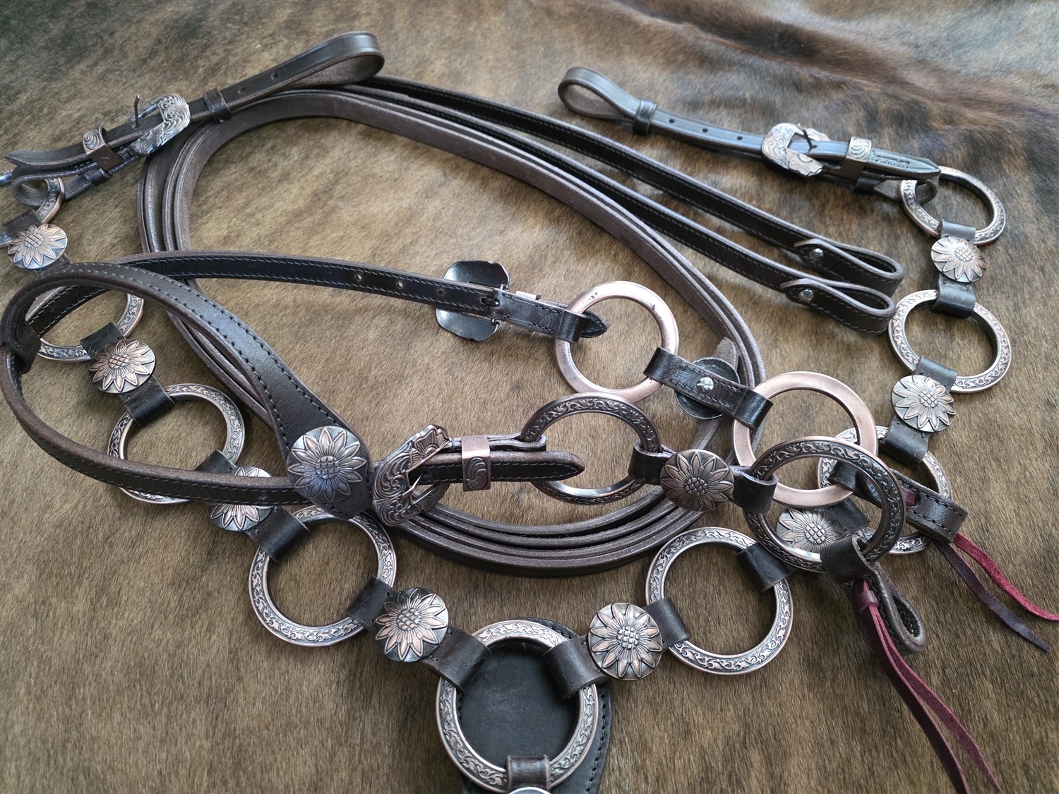 Metal Ring Headstall, Reins and Breastcollar - Sunflower Rings - Copper Rings