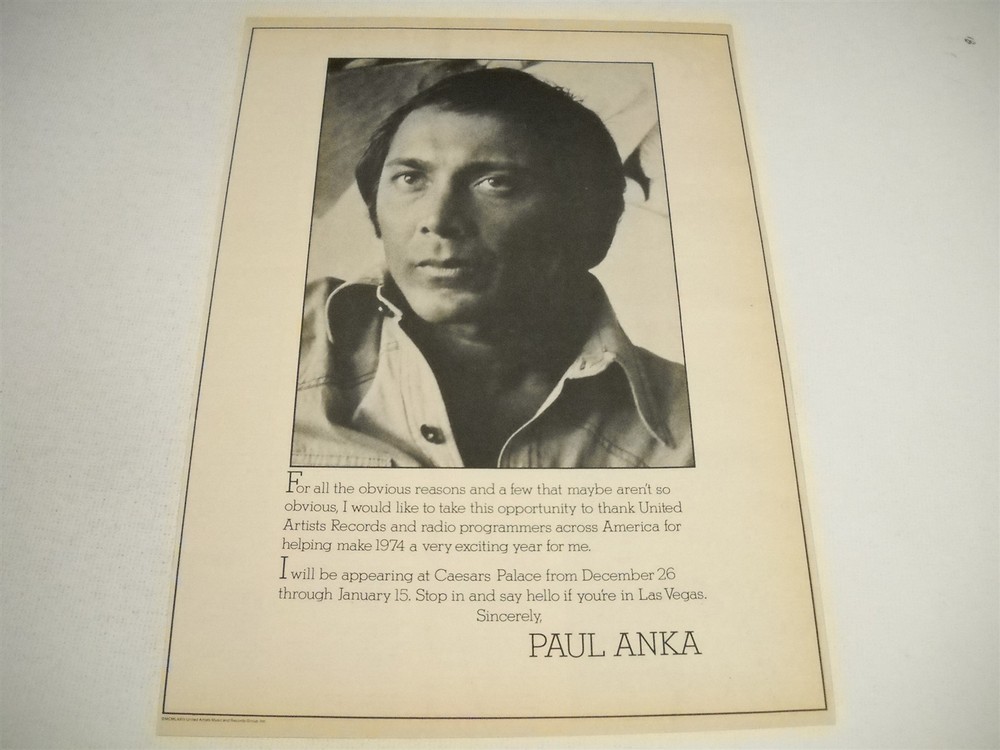 PAUL ANKA will be appearing at Caesars Palace... Original 1974 Promo Display Ad
