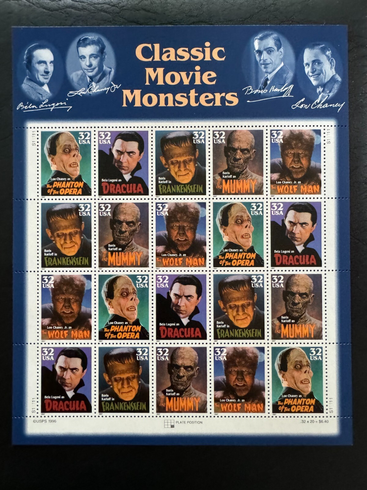 Scott #3168-3172 Classic Movie Monsters Pane of 20 32¢ Stamps (1997)