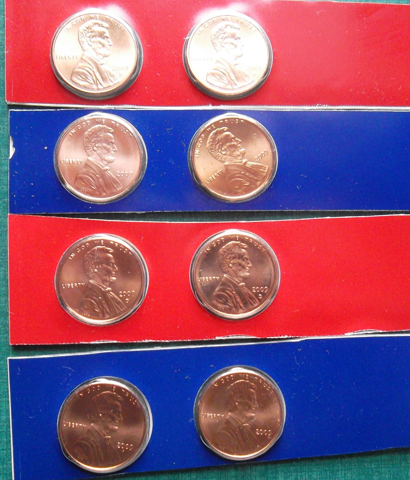 2009-P&D satin finish Uncirculated Lincoln cents: 8-coin set in two Mint strips