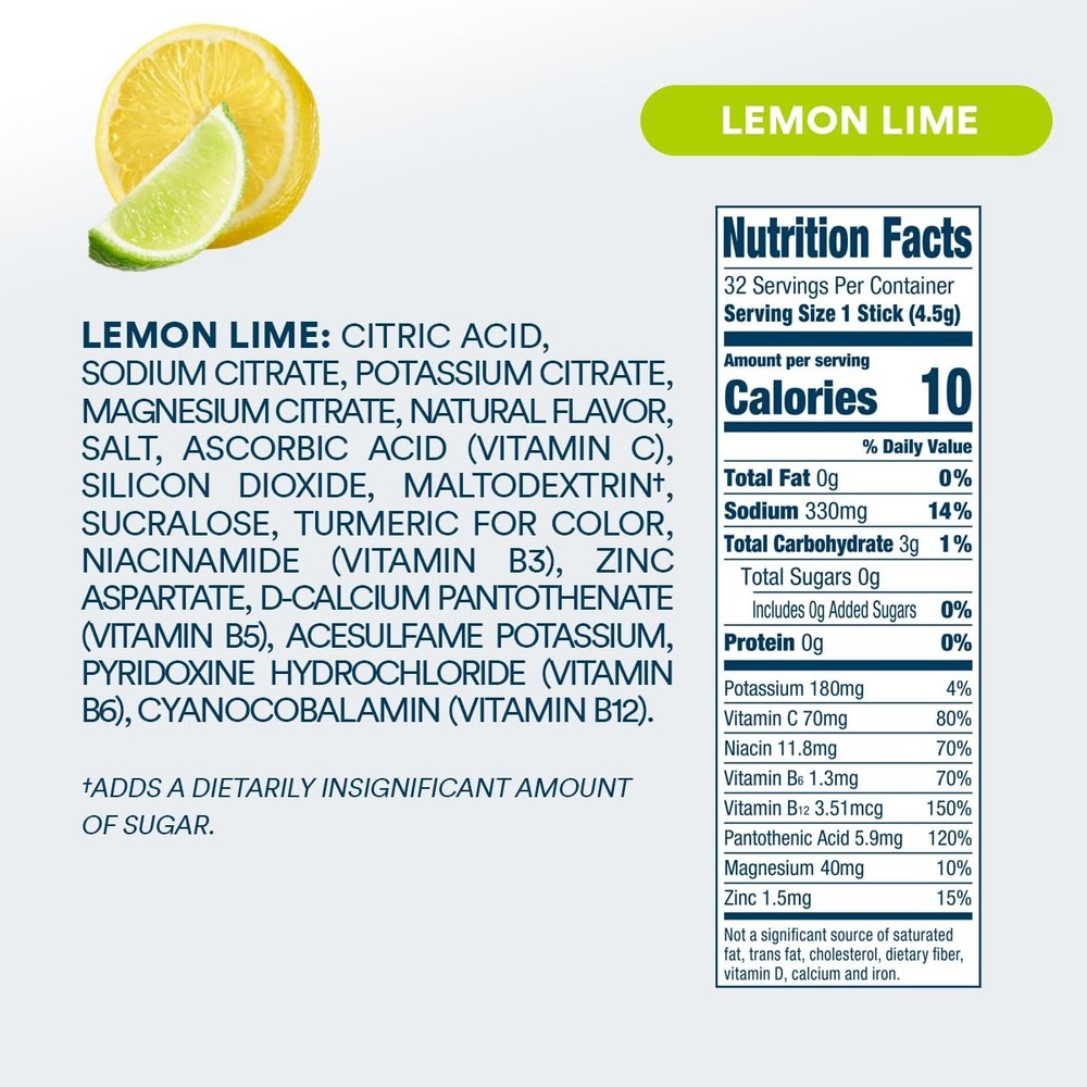 DripDrop Sugar Free Hydration Packets - Zero Lemon Lime - Single 32 Count