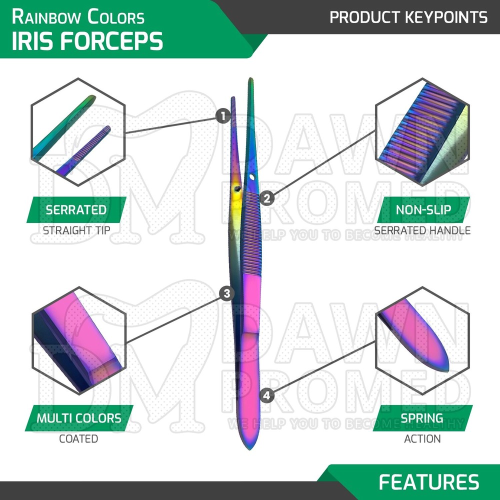 6 Pcs Multi Titanium Rainbow Iris Forceps 4" Serrated Straight Ophthalmic Set