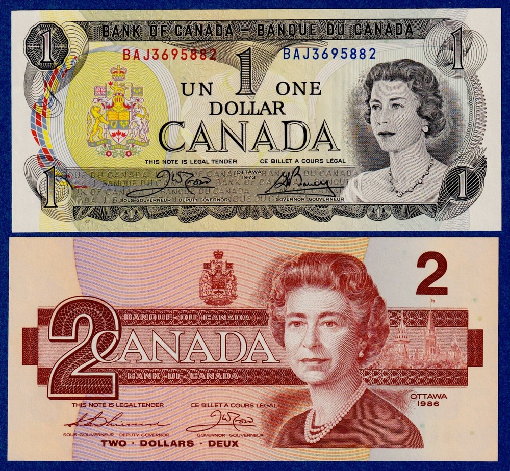 Canada  1973 + 1986 set - $1 & $2  QE II - aUNC Notes