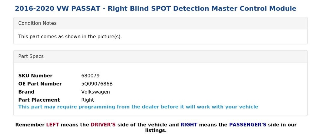 2016-2020 VW PASSAT - Right Blind SPOT Detection Master Control Module
