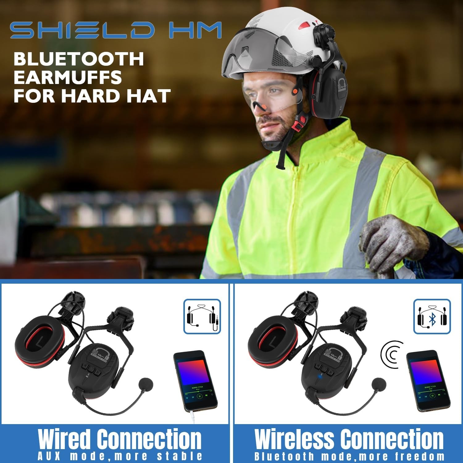 Bluetooth Hard Hat Ear Muffs, NRR 27 dB Adjustable Cap-mounted Work Headphone...