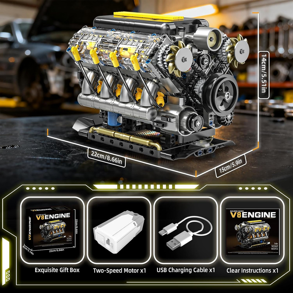 V8 Engine Model Kit That Runs, Visible Mini Car Motor Building Blocks Set for Ad