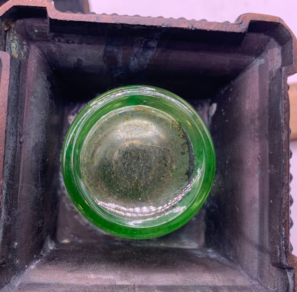 Antique Uranium Glass insert bronze inkwell very worn / damaged