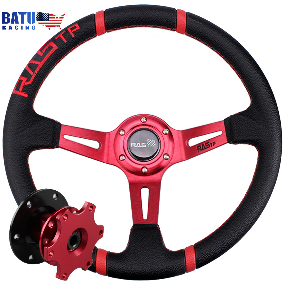 14inch Red Deep Dish Drifting Racing Steering Wheel+Red Quick Release Adapter