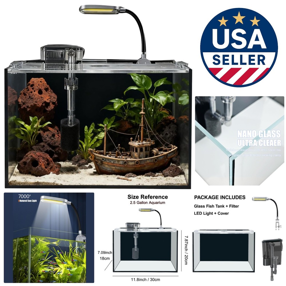 Complete 2.5 Gallon Desktop Aquarium Kit with Filter & LED Light - Modern Decor