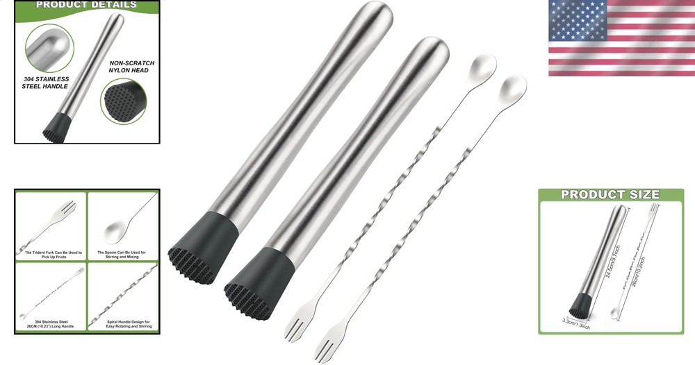 Versatile 4Pcs Muddler & Spoon Set for Mojitos and Cocktails - Safe Material