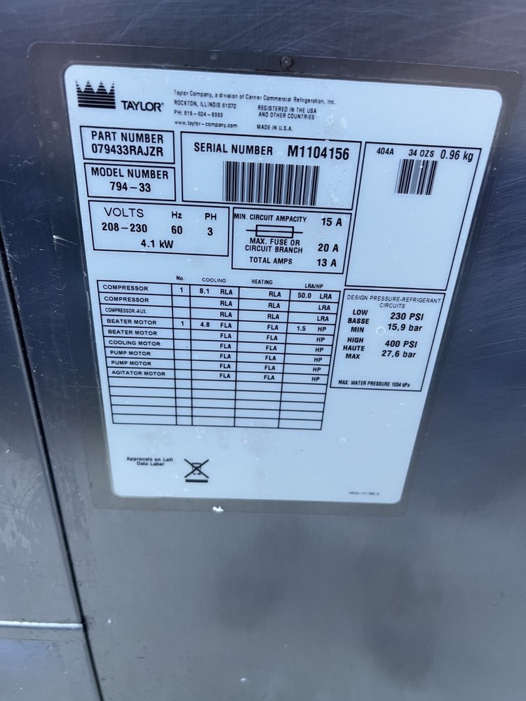 Taylor C794-33 Machine, Water Cooled, 3 Phase