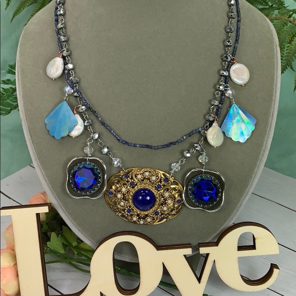 Adorned Crown artisan assemblage blue elements Pearl 2 strand necklace