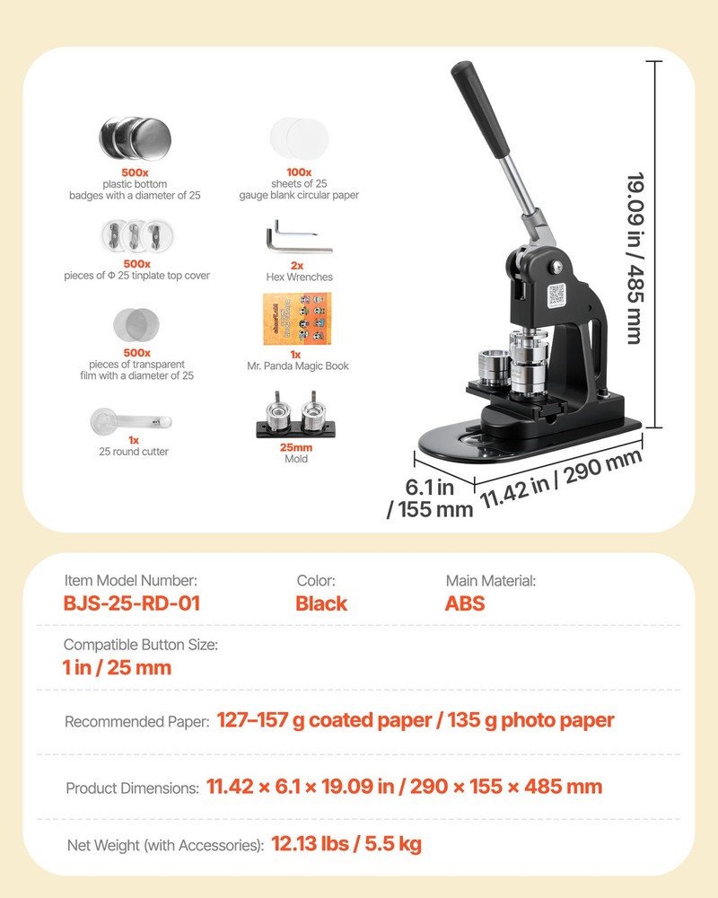 VEVOR Button Maker Machine Pin Maker Machine 1 in with 500pcs Button Parts Black