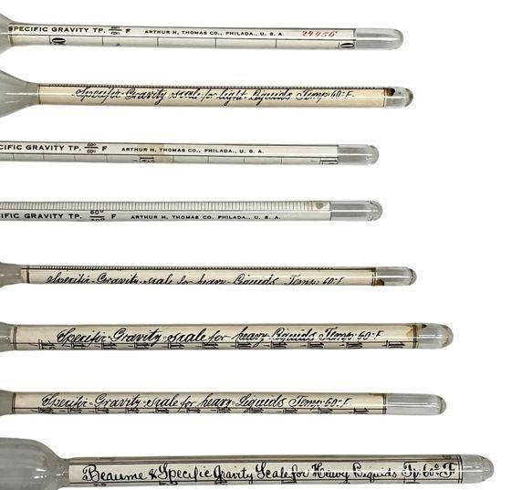 A.H Thomas Specific Gravity Scale Glass Hydrometer Scientific Thermometers set 8
