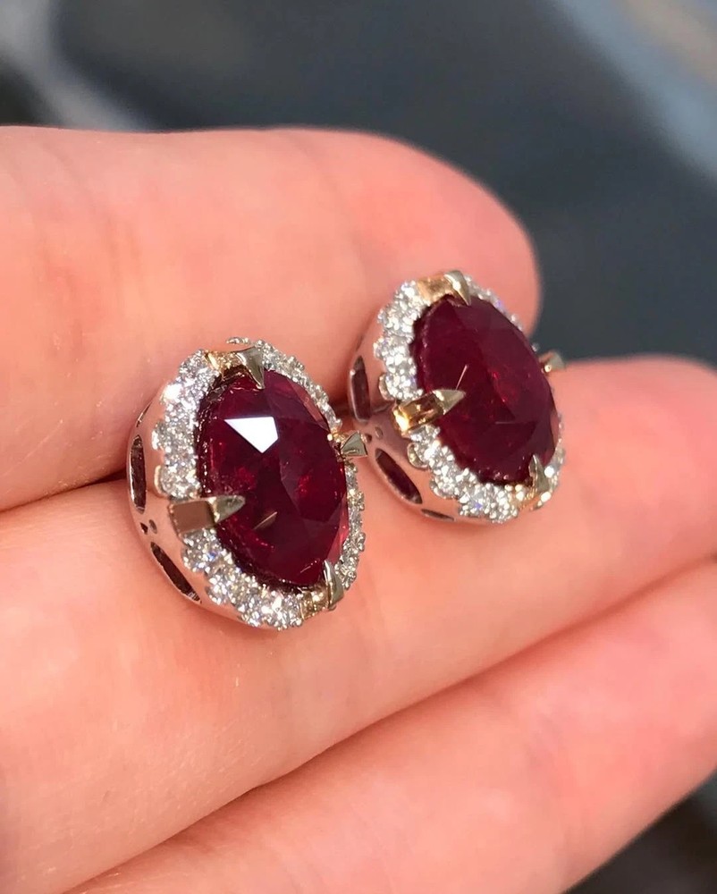 5.60 Ct Oval Cut Natural Ruby Diamond Earring 14K Solid White Gold Stud