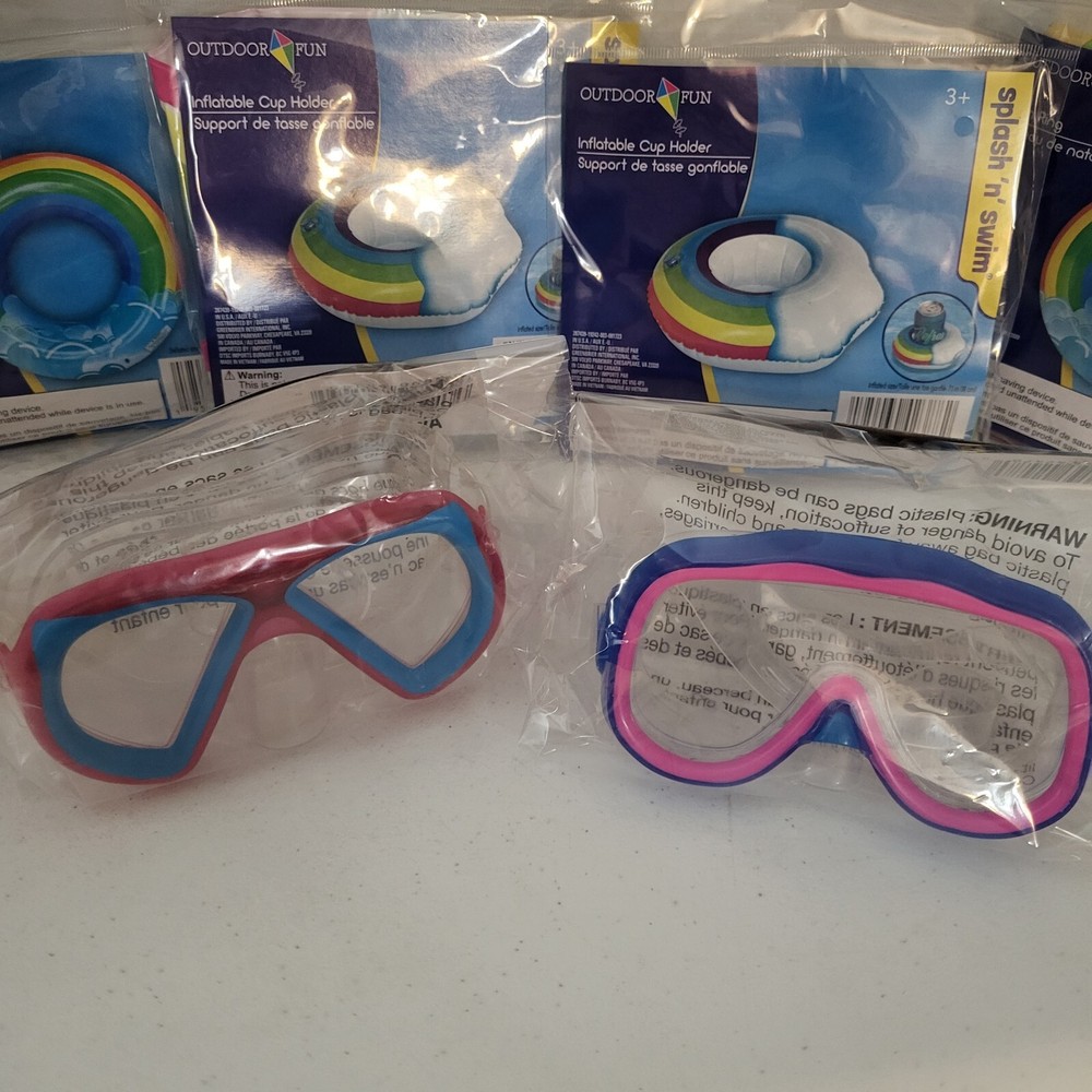 Spring Summer Pool Bundle-Beach Ball, Swim Rings, Floating Cup Holders, Goggles