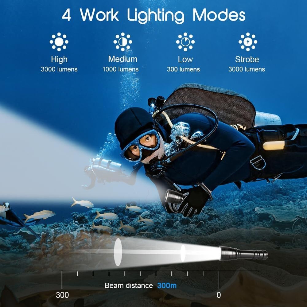 Powerful 3* LED Scuba Diving Flashlight Diver Light Underwater Torch Lamp