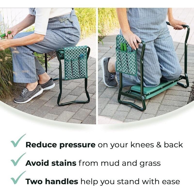 Garden Kneeler Stool Folding Seat Tool Pouch Gloves Comfortable Digging Support