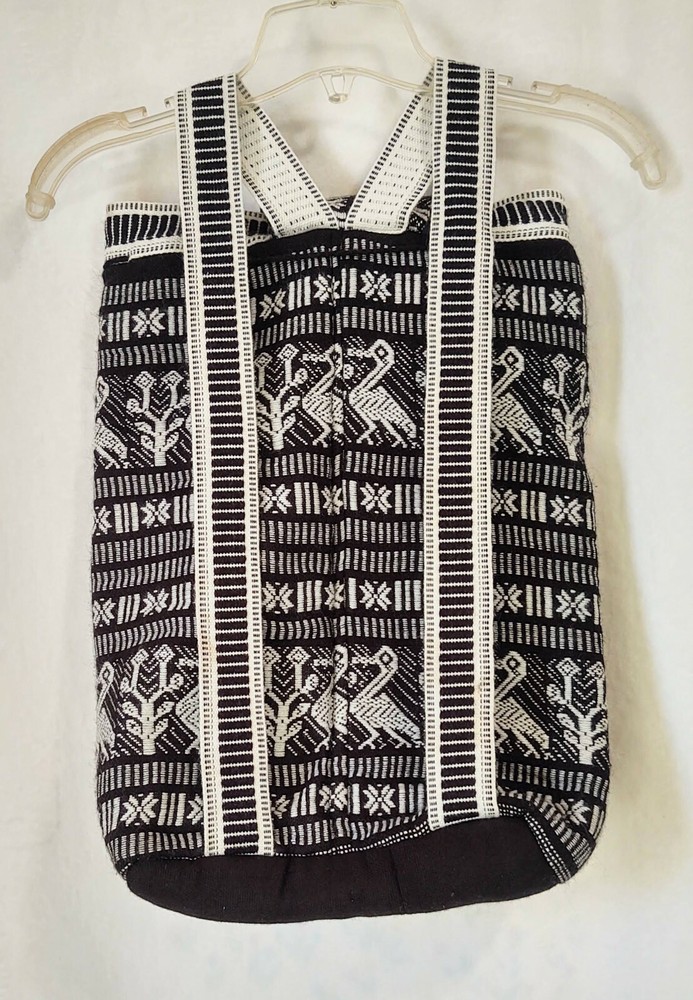 Vtg Soft Backpack Daypack Padded Woven Black/White Lined Boho Ethnic