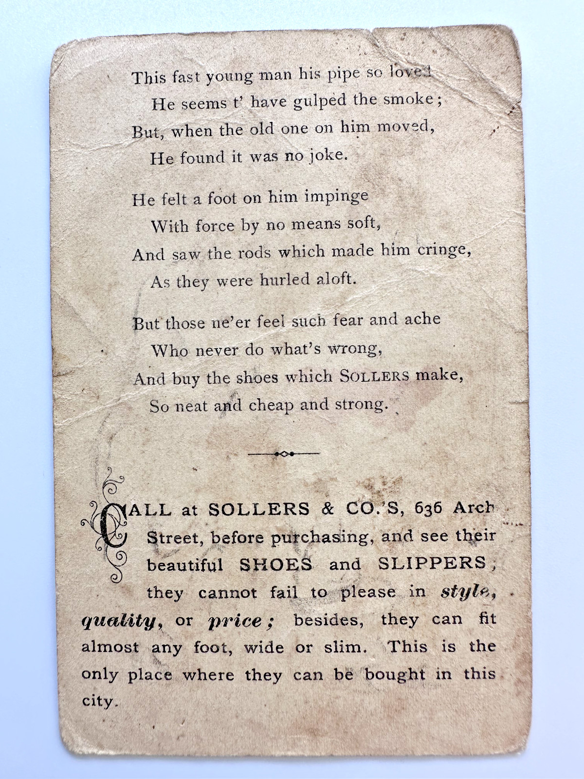 SOLLERS & CO FINE SHOES MISCHIEVOUS CHILD & ELDER VICTORIAN TRADE CARD - J785