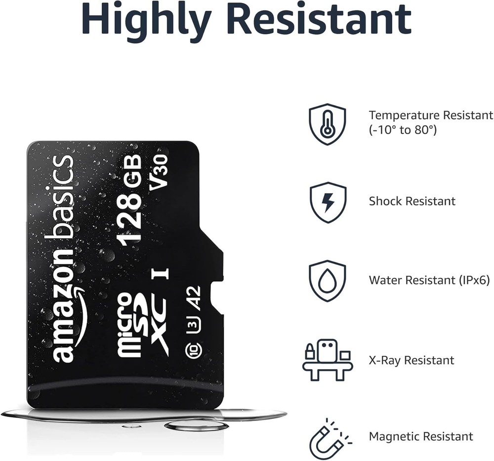 Amazon Basics 128GB Micro SDXC Memory Card A2 U3 100MB/s with Adapter Black