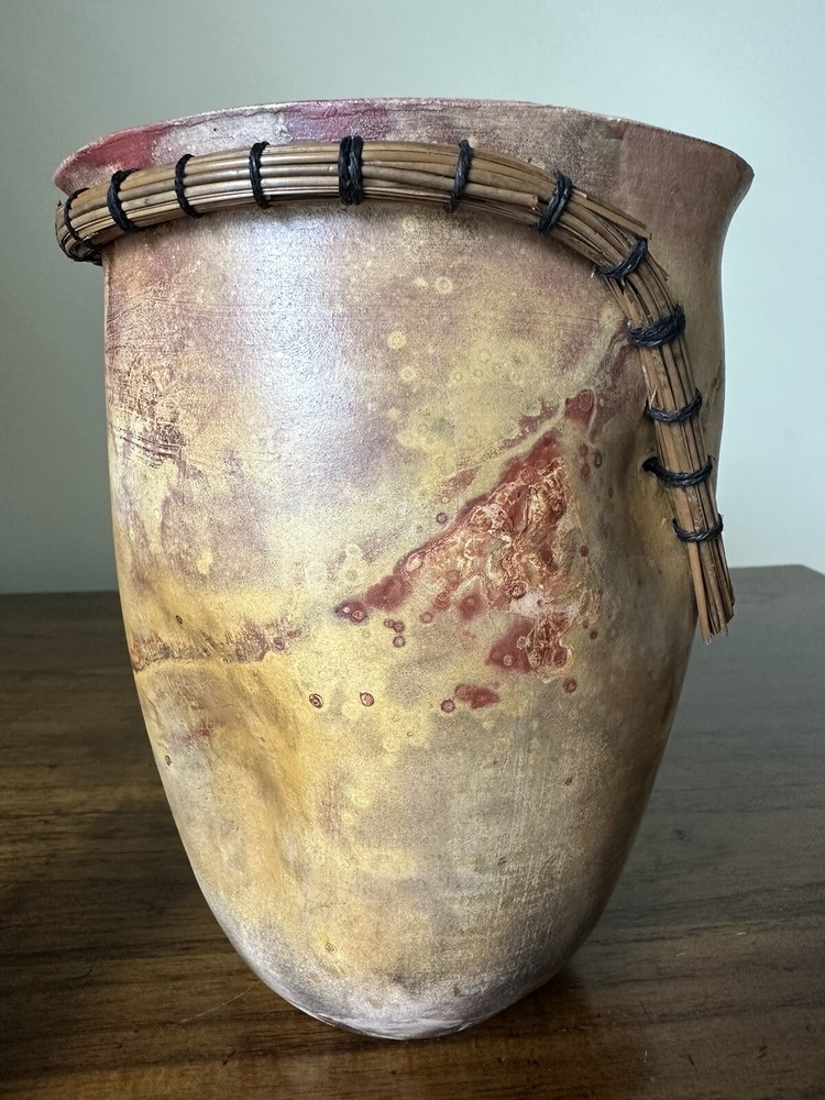 Pottery Vase Threaded Bamboo Rim, Primitive Pottery, Signed, Unique