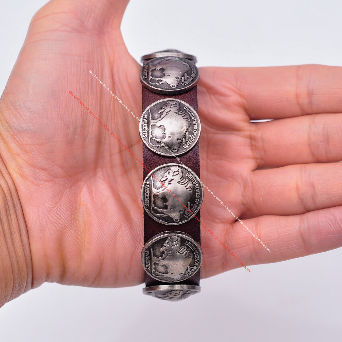 Western Buffalo Concho Veg Tan Brown Leather Wrap Bracelet Wristband Cuff Bangle