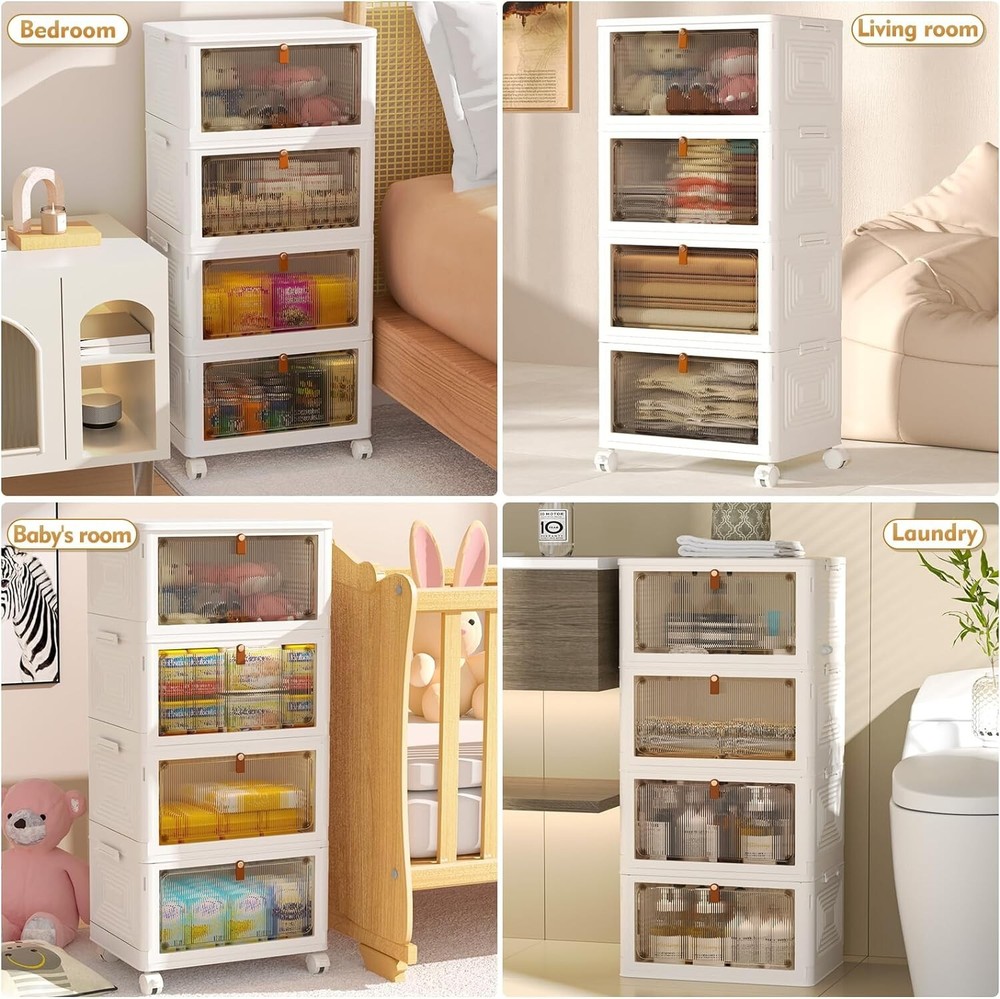 4 Tier Storage Bins with Wheels - Stackable Containers - Collapsible & Portable