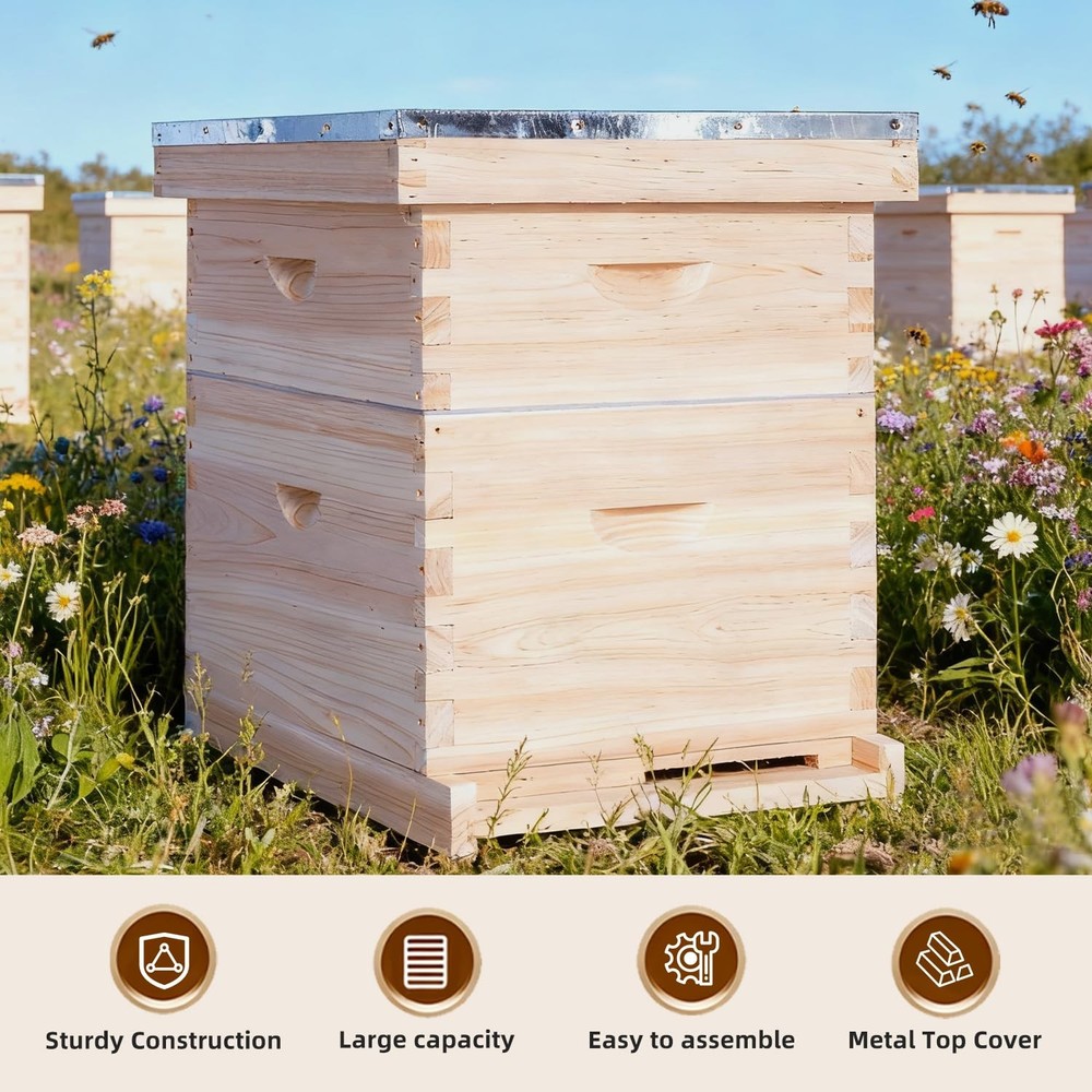 10 Frame Langstroth Beehives,Bee Keeping Starter Kit Includes 1 Deep Box & 1 ...