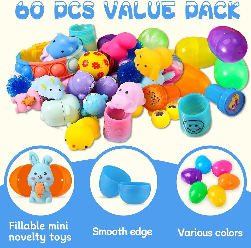 60PCS Prefilled Easter Eggs with Toys Inside, Easter Basket Eggs Filled Stuff...