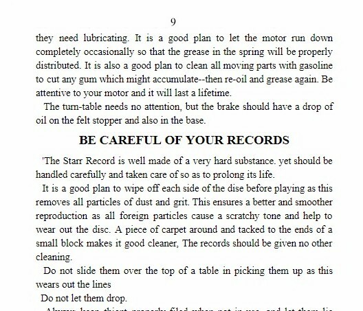 Starr Phonograph Gramophone Instruction Manual Reproduction