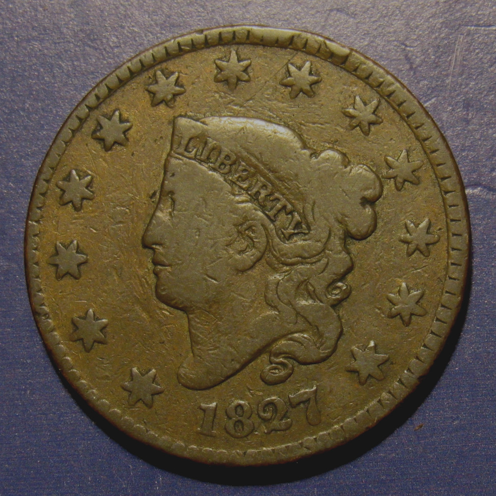1827 CORONET LARGE CENT, VG/F   ~  ATTRACTIVE EXAMPLE WITHOUT ANY ISSUES