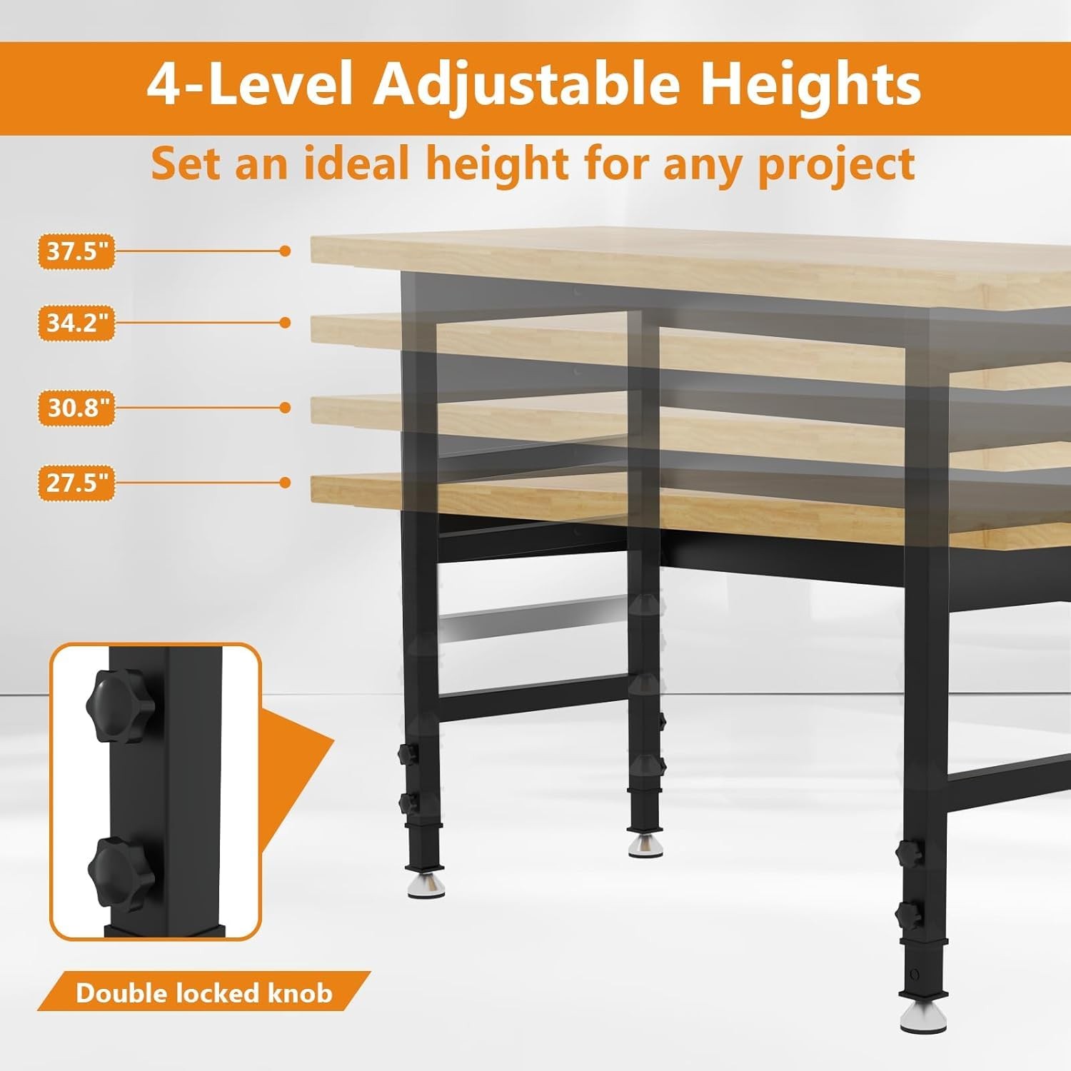 60 Inch Heavy Duty Adjustable Height Workbench 2000 LBS Load Capacity
