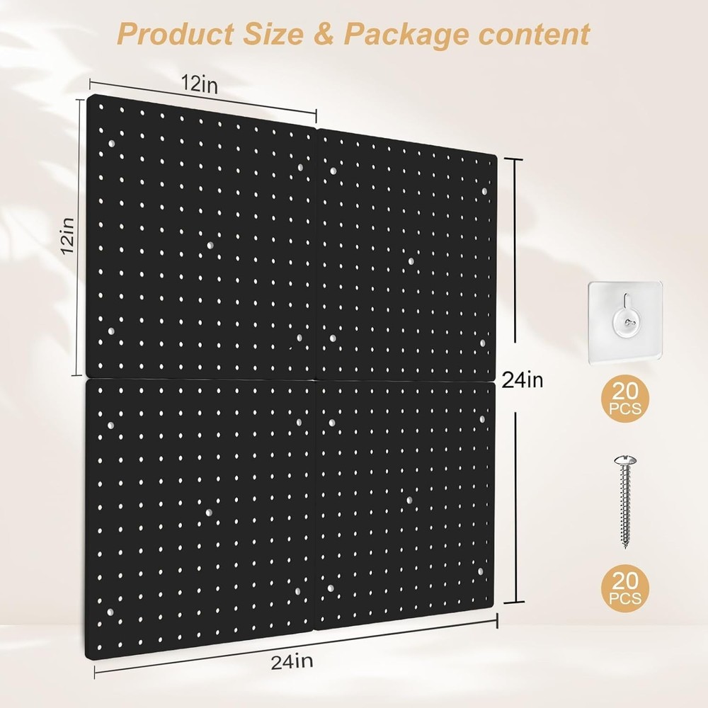 Durable 4-Pack Black Plastic Pegboards - 12x12 Inch, Maximize Your Storage Space
