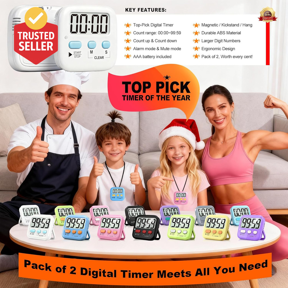 2 Pack Digital Timer for Kids, Magnetic Countdown Kitchen Timers for Cooking, Eg