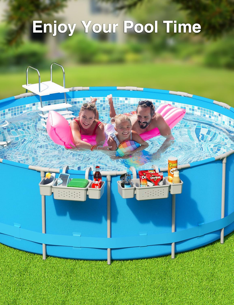 Poolside Storage Basket with 2 Cup Holders, Stretchable above Ground Pool Access