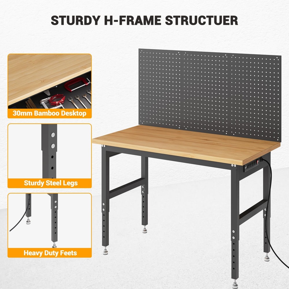 48'' Adjustable Workbench with Pegboard & Power Outlets For Garage & Workshop