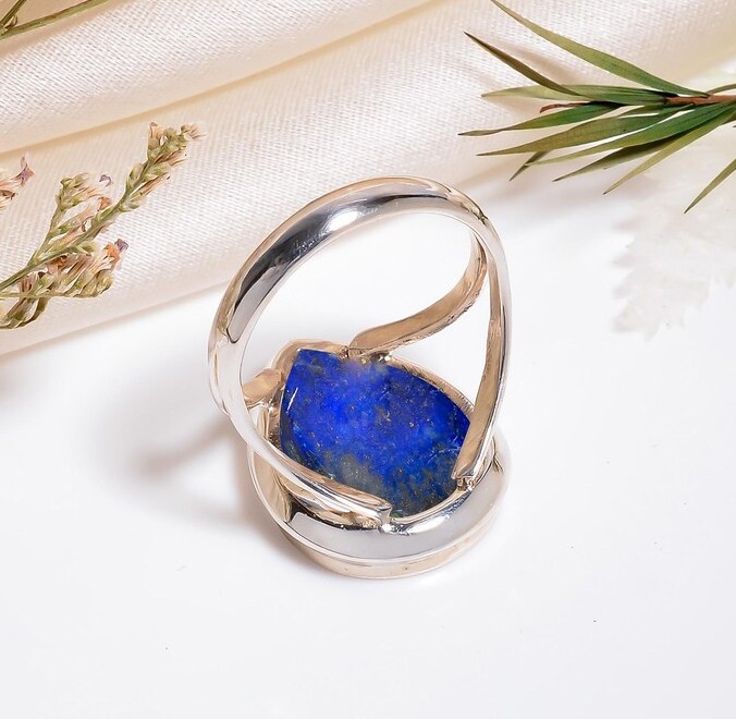 Solid 925 Sterling Silver Natural Lapis Lazuli Deep Blue Teardrop Gemstone Ring