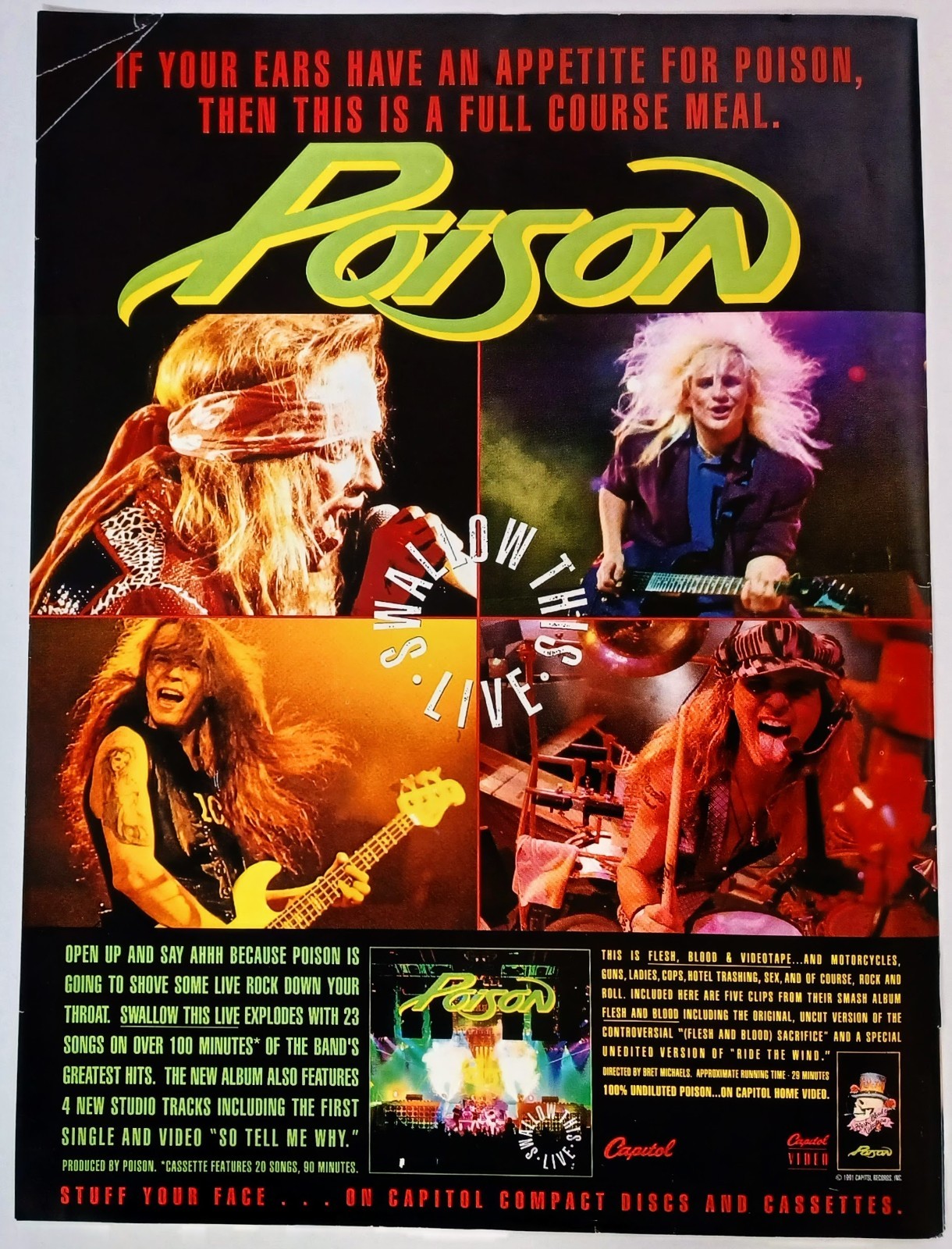 POISON~SWALLOW THIS LIVE~1992 ALBUM PROMO~PRINT AD POSTER PINUP~FLESH AND BLOOD