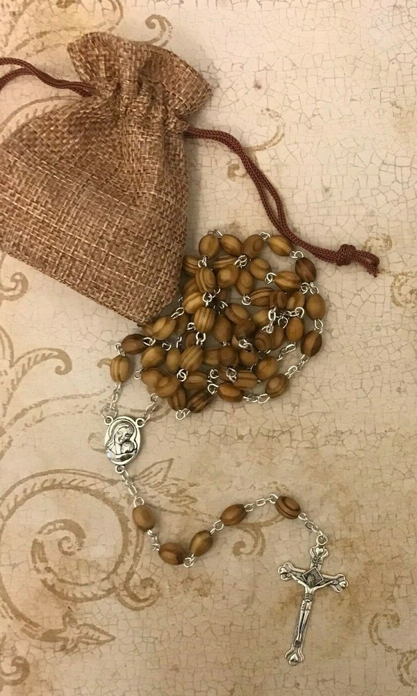Blessed Catholic Rosary Necklace Olive Wood Oval Beads Jerusalem Soil Crucifix
