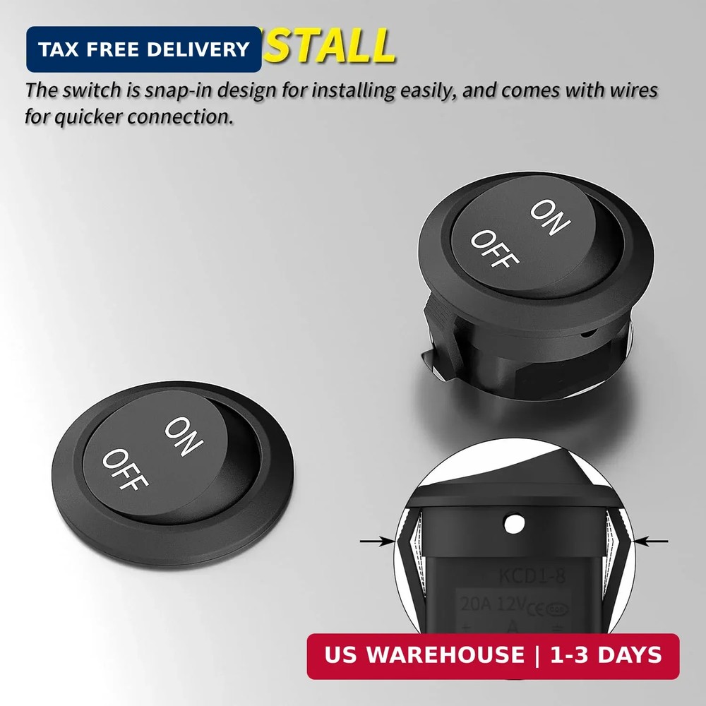 Joinfworld 10Pcs Round Rocker Switch 12V ON Off Switch 12 Volt DC Circle Toggle